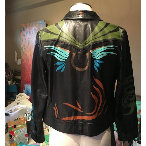 Vintage black leather biker jacket, hand painted, lucky sz M - Picture 4 of 14